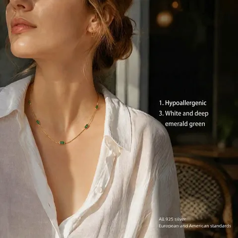 925 Sterling Silver Necklace With Emerald Green Baguette Zirconia Vintage French Retro Style Box Chain Minimalist Jewelry For Women