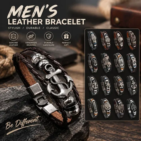 Vintage Heren Gelaagde Gevlochten Leren Armband Met Legering Bedeltjes Punk Schedel Anker Poker Ster Schrift Wikkelarmband Sieraden