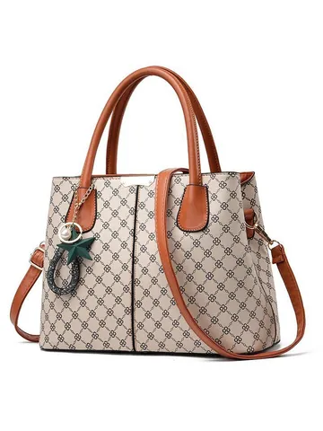 Dames Vintage Monogram Tote Bag Grote Capaciteit PVC Woon-werkverkeer Schouder Crossbody Handtas Met Sterhanger Contrastkleur