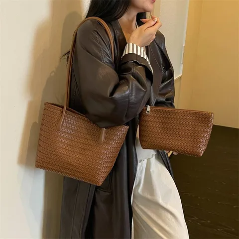Damen Retro Geflochtene Tote Bag Hochwertige PU Leder Handtasche Mode Einfache Schulter Korb Tasche Elegante Pendler Große Kapazität Shopper