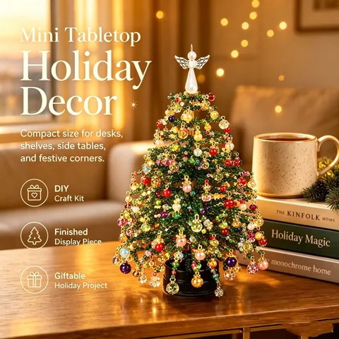Kit Sapin de Noël DIY en Perles de Verre Fait Main Décoration de Table Miniature Avec Lumière LED pour Cadeau de Fête