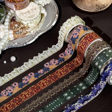 Momo Gilded Flower Shadow Glitter Washi Tape Die-Cut Lace Edge Journaling Deco Tape Scrapbooking DIY Craft Decorative Masking Tape