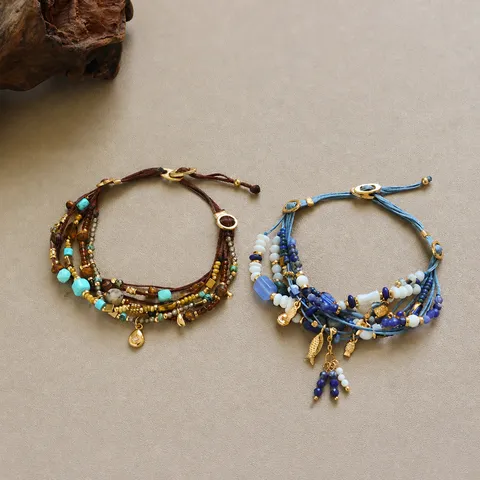 Bracelet Multicouche Vintage Tissé à la Main Perles Laiton Pierre Naturelle Turquoise Coquille Bracelet Bohème pour Femme Bijoux