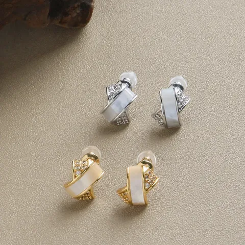Boucles d'Oreilles Clous Croisées Élégantes Strass et Coquillage pour Femme Tige Argent Sterling 925 Or Argent Bijoux