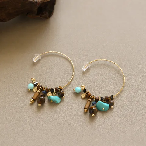 Boucles d'Oreilles Anneaux en Forme de C Perlées de Lapis-Lazuli avec Glands et Tige en Argent Sterling 925 Bijoux Exquis pour Femmes