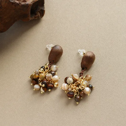 Boucles d'Oreilles Pendantes Vintage Tige en Argent Sterling 925 Pierre Œil de Tigre Perles Style Maillard Laiton Coquillage Bois Pour Femmes