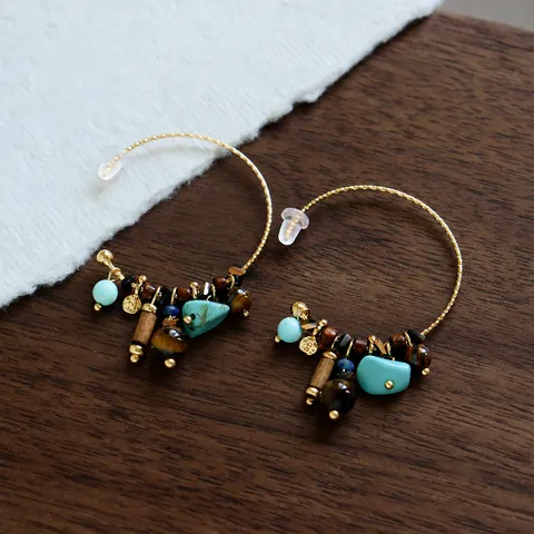 Boucles d'Oreilles Anneaux en Forme de C Perlées de Lapis-Lazuli avec Glands et Tige en Argent Sterling 925 Bijoux Exquis pour Femmes