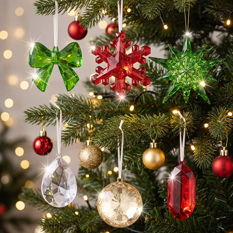 Acrylic Christmas Tree Ornaments Bow Snowflake Star Waterdrop Hanging Decorations Clear Crystal Look Xmas Home Decor