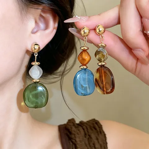 Vintage Acrylic Long Stud Earrings For Women French Luxury Minimalist Geometric Resin Dangle Earrings Polished Alloy Jewelry