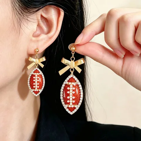Alloy Rhinestone Artificial Pearl Rugby Bow Drop Earrings Fashion Sports Fan Super Bowl Fan Jewelry For Women Gold Silver