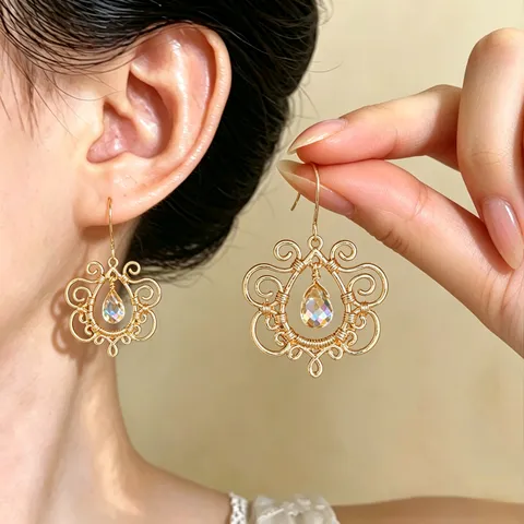 French Vintage Hollow Wire Wrapped Teardrop Earrings Palace Style Rhinestone Alloy Drop Earrings For Women Jewelry Gift