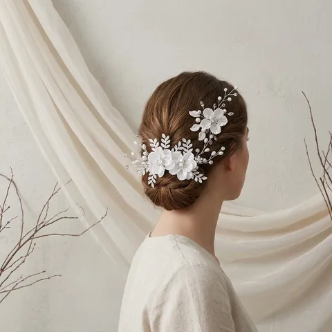 Elegantes Damen Blumen Braut Haarschmuck Set Handgefertigt Künstliche Perle Strass Haarkamm Und Haarnadeln Für Hochzeit Party Abendball