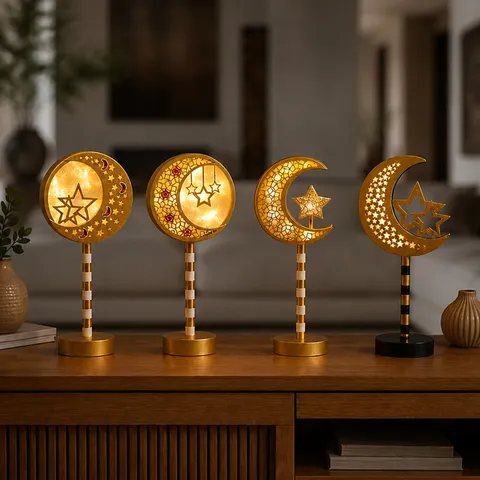 Luce Notturna LED Stella Luna In Legno Intagliato Oro Ornamento Da Scrivania Lampada Da Atmosfera Calda Per Natale Ramadan