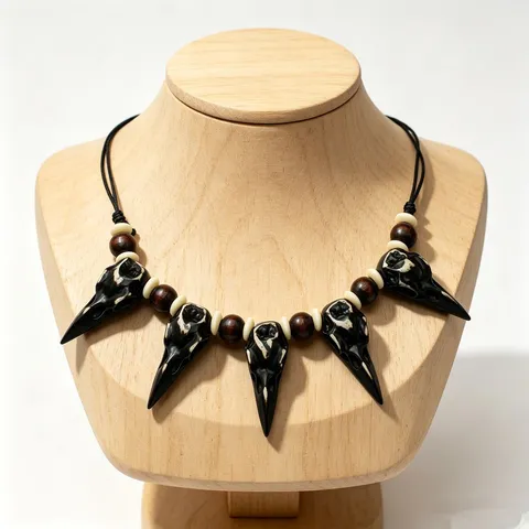 Dark Tribal Style Resin Crow Skull Wood Bead Adjustable Necklace Retro Woven Bird Head Bone Pendant Neck Chain For Men Women Halloween Jewelry