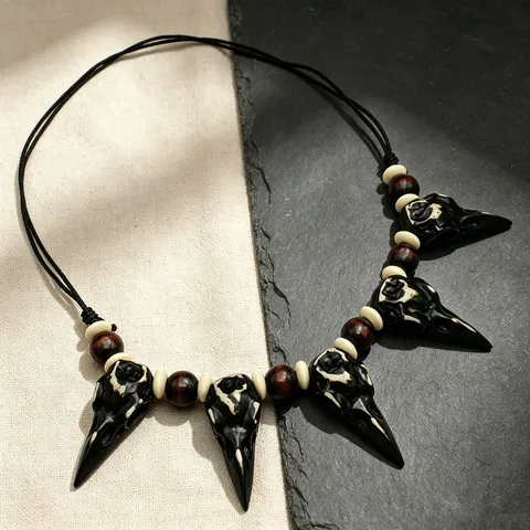 Dark Tribal Style Resin Crow Skull Wood Bead Adjustable Necklace Retro Woven Bird Head Bone Pendant Neck Chain For Men Women Halloween Jewelry