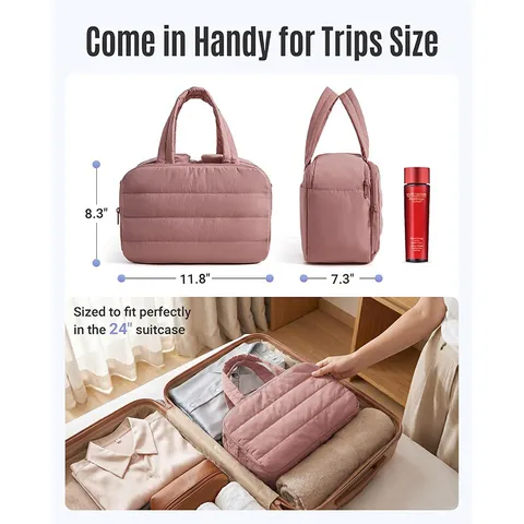 Quilted Travel Cosmetic Bag Waterproof Large Capacity Toiletry Pouch With Dual Handles Makeup Organizer Bag For Women