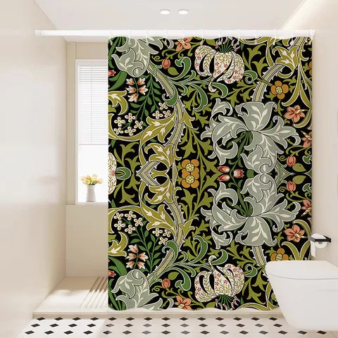 Waterproof Shower Curtain Set Vintage Botanical Floral Print Fabric Bath Curtain With Hooks And Tiebacks For Bathroom