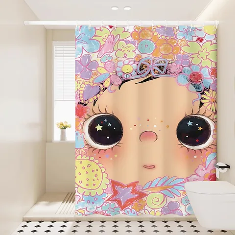 Rideau de Douche en Tissu Imperméable pour Fille Anime Mignon de Dessin Animé Séchage Rapide Rideau de Bain Floral Avec Crochets
