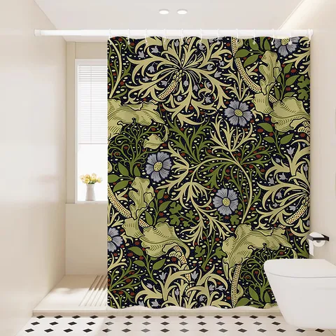 Waterproof Shower Curtain Set Vintage Botanical Floral Print Fabric Bath Curtain With Hooks And Tiebacks For Bathroom
