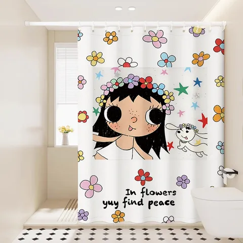 Rideau de Douche en Tissu Imperméable pour Fille Anime Mignon de Dessin Animé Séchage Rapide Rideau de Bain Floral Avec Crochets