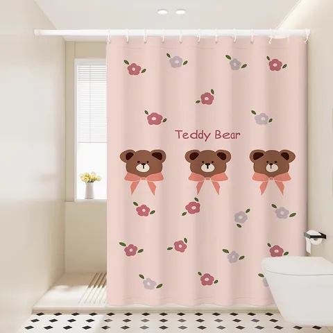 Waterproof Shower Curtain Cute Cartoon Bear Print Fabric Bath Curtain With Hooks For Bathroom
