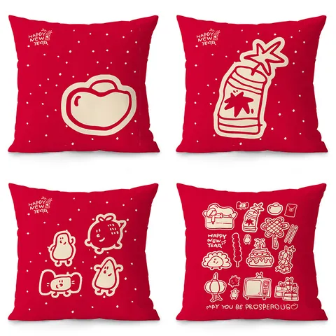 Fundas de Cojín de Peluche Rojo de Año Nuevo Patrón Festivo Funda de Cojín Decorativa Para Sala de Estar Sofá
