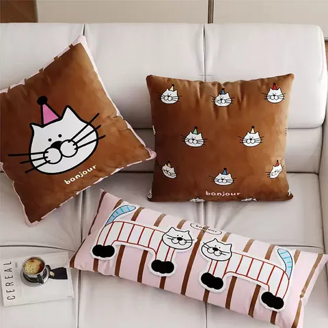 Estilo Maillard Lindo Patrón de Gato Funda de Cojín de Peluche Cuadrado Largo Cojín de Cintura Sala de Estar Sofá Cama Decoración