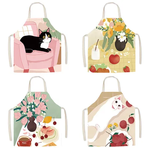 Delantal de Cocina Impermeable Gato de Dibujos Animados Floral Estampado Poliéster Delantal de Cocina Para Mujeres Niños Adultos Horneado en Casa Babero de Chef