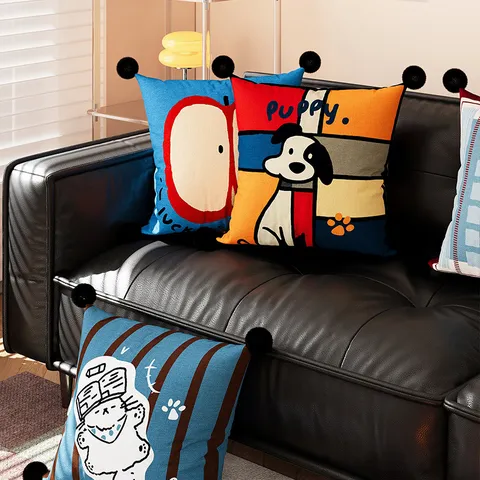 Funda de Cojín Cartoon Lindo Animal Geométrico Estampado con Pompones Negros para Sofá Cama Sala de Estar