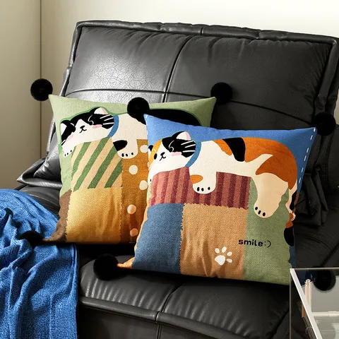Cute Cartoon Pet Plush Throw Pillow Cover Square Decorative Cushion With Black Pom Poms For Bedside Living Room Sofa Home Decor