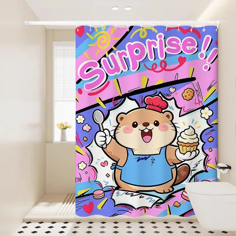 Waterproof Fabric Shower Curtain Cartoon Baking Theme Cute Bear Design Bathroom Partition Curtain with Hooks and Tiebacks
