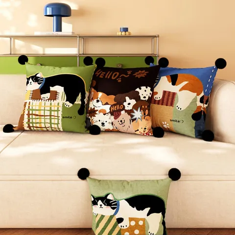 Cute Cartoon Pet Plush Throw Pillow Cover Square Decorative Cushion With Black Pom Poms For Bedside Living Room Sofa Home Decor