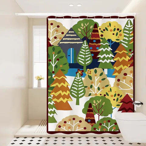 Waterdichte Stof Douchigordijn Noords Bos Boom Patroon Voor Badkamer Huisdecoratie Met Haken En Ringen