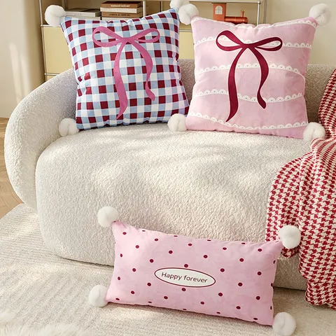 Lindo Cojín de Peluche de Lunares con Lazo Dibujos Animados Cojín Suave con Pompones para Sofá de Sala Cabecera de Dormitorio Decoración