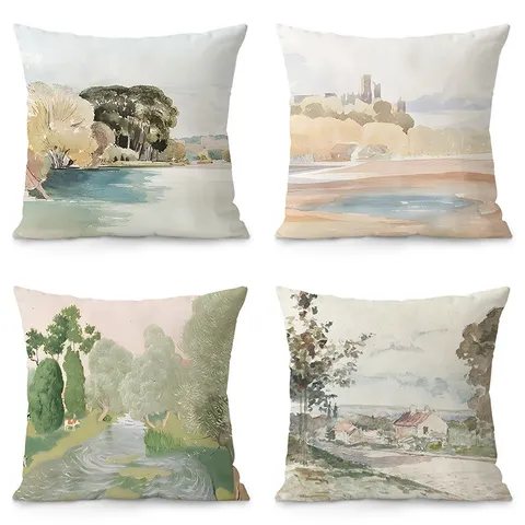 Housse de Coussin en Peluche Art Rétro Nordique Paysage à l'Aquarelle Housse de Coussin Décorative pour Salon Canapé Décoration