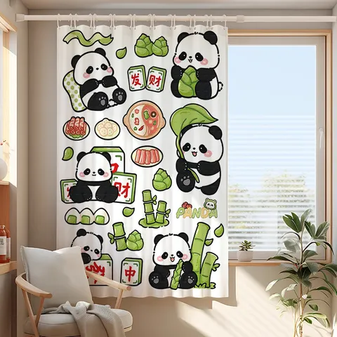 Cortina Opaca de Alta Sombreado Estampado de Panda de Dibujos Animados para Ventana de Dormitorio Infantil de Poliéster con Gancho y Correa