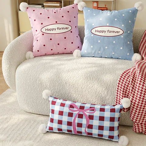 Lindo Cojín de Peluche de Lunares con Lazo Dibujos Animados Cojín Suave con Pompones para Sofá de Sala Cabecera de Dormitorio Decoración
