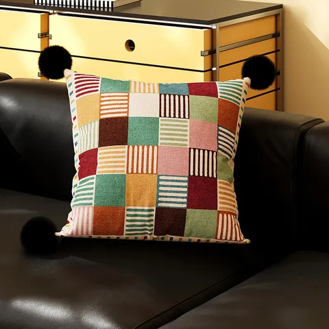 Fodera per Cuscino Animale Cartoon Retro Patchwork Geometrico Stampa Carina con Pompon per Decorazione Soggiorno Divano Letto