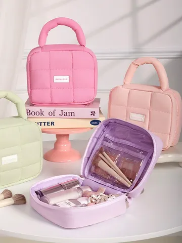 Macaron Farbe Pumpige Kosmetiktasche Wasserdicht Gesteppt Reise Kulturbeutel Tragbare Weiche Make-up Tasche Für Damen