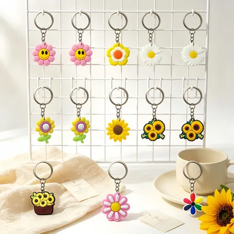 Llavero Lindo de Flor de Dibujos Animados Margarita Girasol PVC Colgante de Bolso Anillo de Llave de Coche