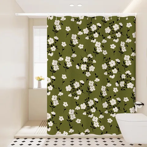 Waterdicht Stoffen Douchegordijn Botanisch Groen Blad Bloemenprint Badgordijn Met Ringen
