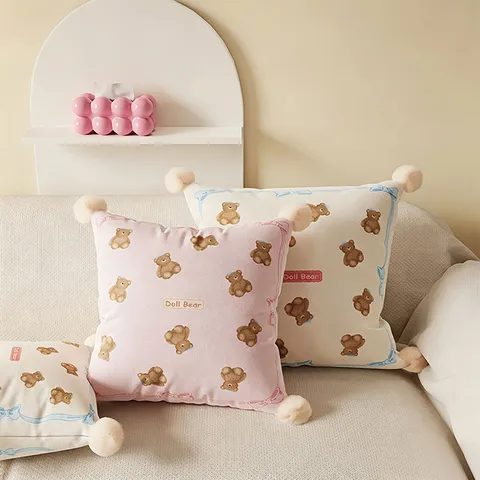 Cute Cartoon Bear Rabbit Throw Pillow Pom-Pom Decorative Cushion Soft Plush Bed Sofa Backrest Pillow Case