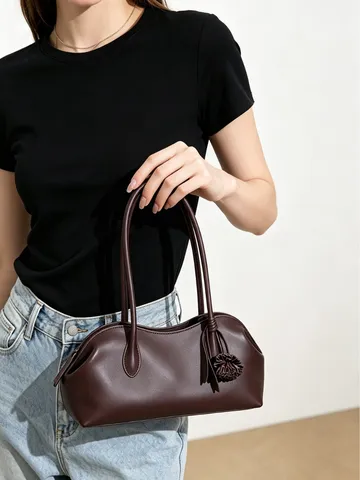 Bolso de Concha de Cuero de Vaca Minimalista para Mujer Bolso de Mano de Lujo de Nicho Bolso de Hombro de Moda con Borla