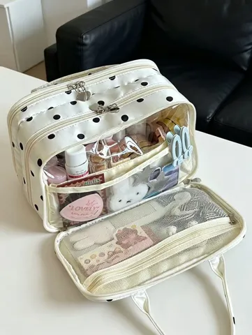 Große Kapazität Mehrschichtige Kosmetiktasche Tragbarer Reise-Kulturbeutel Handtasche Wasserdichte Pünktchen Make-up-Beutel