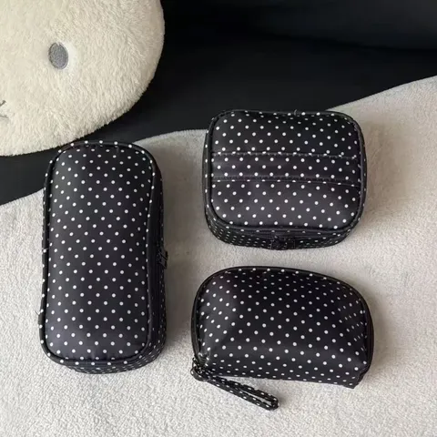 Klassische Schwarze Polka Dot Kosmetiktasche Nylon Tragbare Reise Make-up Aufbewahrung Kulturbeutel Handtasche