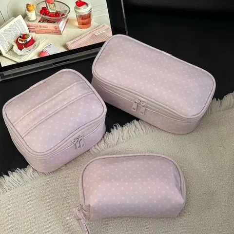 Damen Reise Make-up Tasche Große Kapazität Tragbare Nylon Kosmetiktasche Süße Polka Dot Aufbewahrung Organizer Kulturbeutel