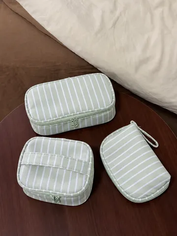 Große Kapazität Grün Gestreifte Kosmetiktasche Tragbare Reise Make-up Tasche Wasserdichte Waschbeutel Handtasche Für Frauen Reisen