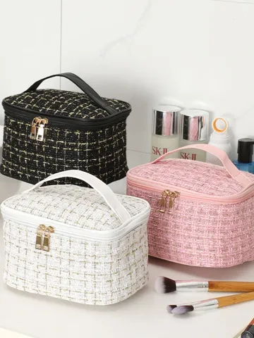 Tragbare Tweed Kosmetiktasche Reise Make-up Etui Große Kapazität Handgehaltene Kulturbeutel Schicke Karierte Tasche Für Damen