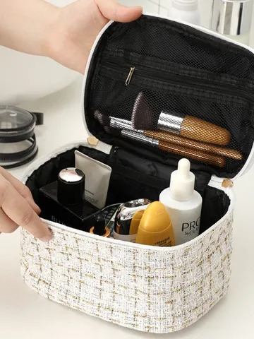 Tragbare Tweed Kosmetiktasche Reise Make-up Etui Große Kapazität Handgehaltene Kulturbeutel Schicke Karierte Tasche Für Damen