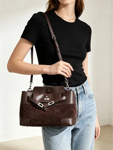 Bolso de Hombro de Mujer de Cuero de Vaca y Gamuza Empalme Gran Capacidad Bolso de Mano Lujo Estilo Relajado Conmutación